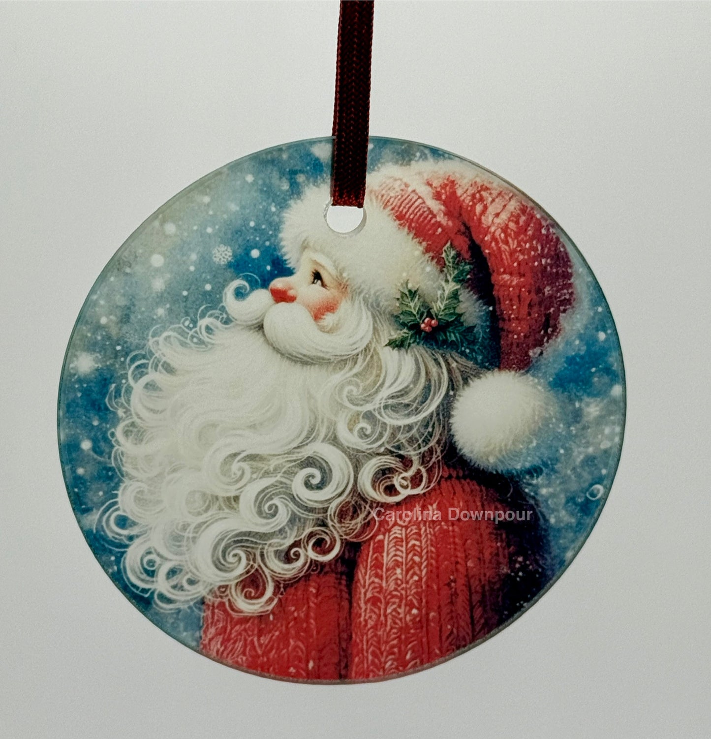 Santa (Blue Background)-Glass Round Ornament