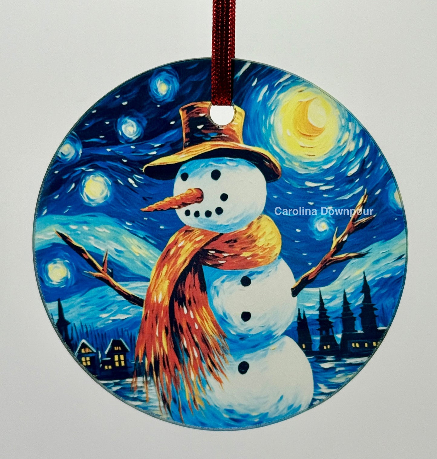 Starry Night Snowman-Glass Round Ornament