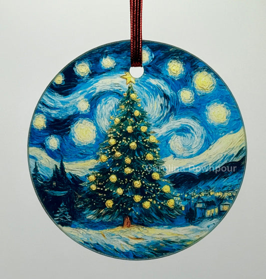 A Starry Night Christmas Tree-Glass Round Ornament