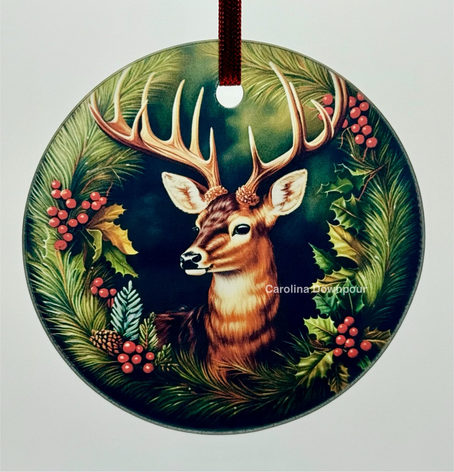 Holiday Deer-Glass Round Ornament