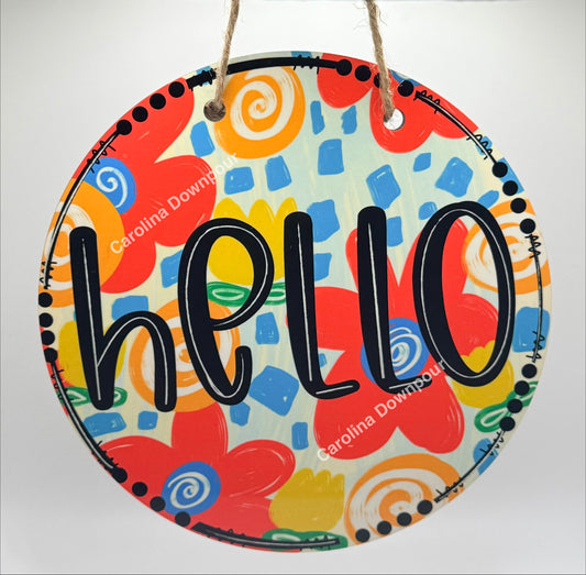 Hello-Round Door Hanger on Jute String