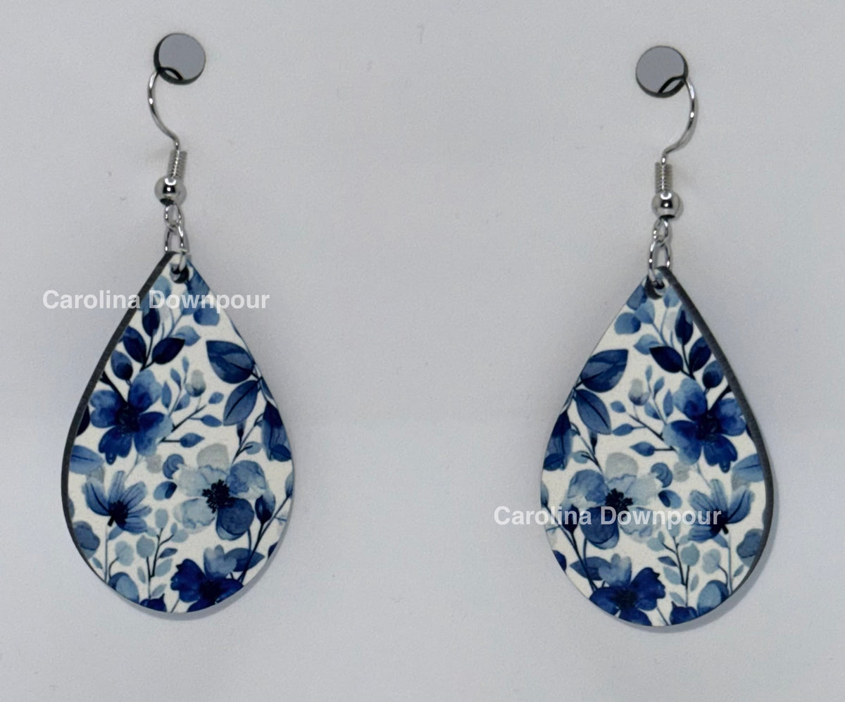 Blue Floral-Teardrop Ear Rings
