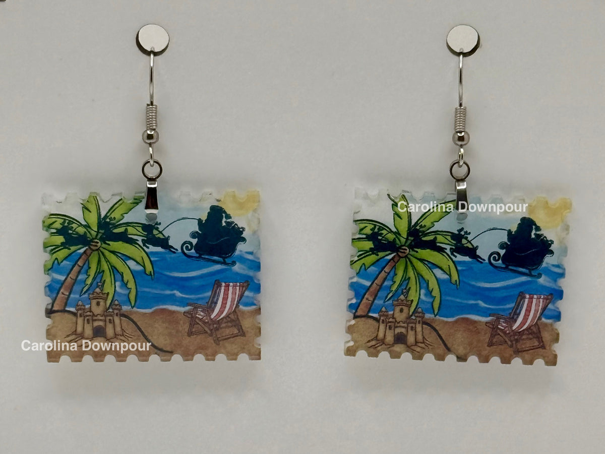 Santa In Flight at Beach-Acrylic Ear Rings