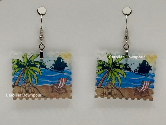 Santa In Flight at Beach-Acrylic Ear Rings
