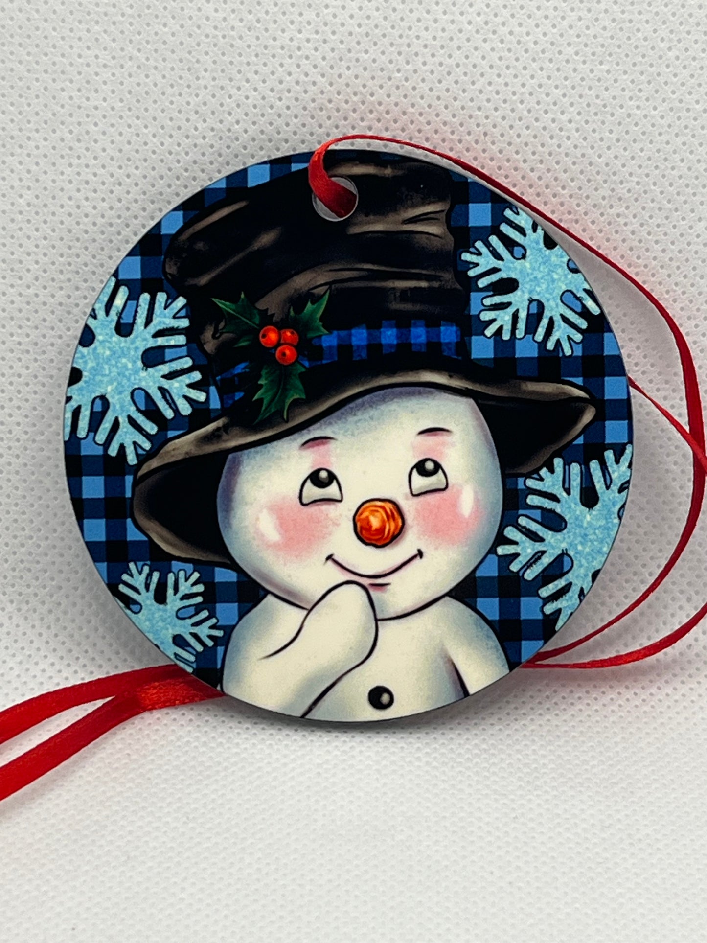 Snowman (Blue Snowflakes Background)-Holiday Ornament