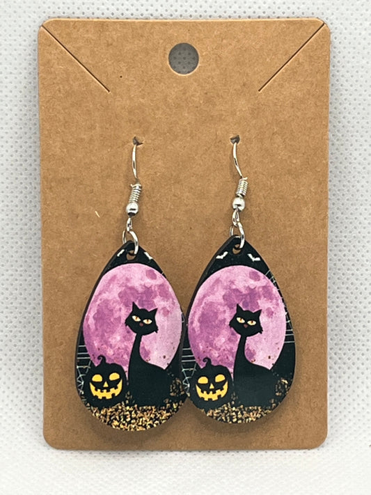 Halloween Black Cat & Moon-Ear Rings